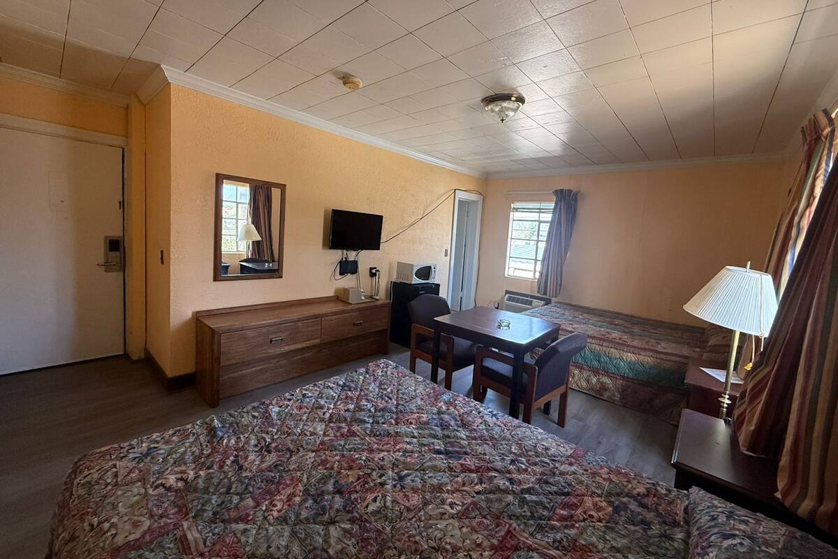A hotel room with a bed, a desk, a chair, a television, a mirror, and a window with curtains.
