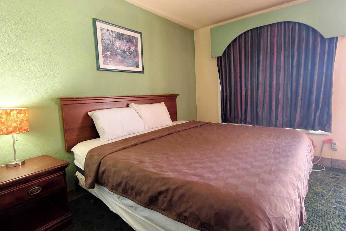 A hotel room with a bed, a nightstand, a lamp, a framed picture on the wall, and a window with curtains.