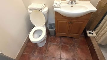 A bathroom with a toilet, sink, and cabinet.