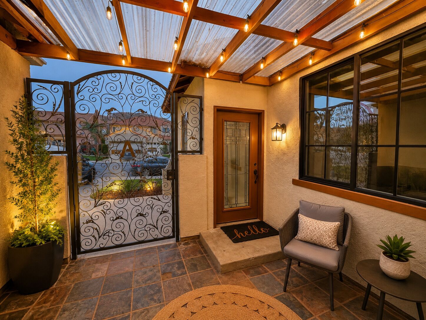 Un patio couvert avec un plafond en bois, un portail en métal, une porte avec un panneau de verre, un banc, une petite table et une plante en pot.