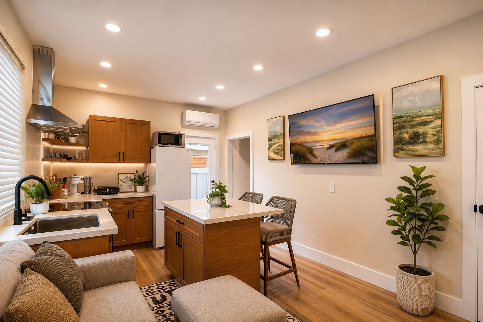 A compact kitchen with wooden cabinets, a microwave, and a refrigerator. There is a dining area with a table and chairs, and a potted plant.