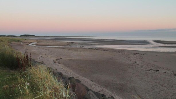 A coastal landscape with a wide sandy beach, a rocky outcrop, and a distant island. - OYO Ashlea Manor (Dundee)