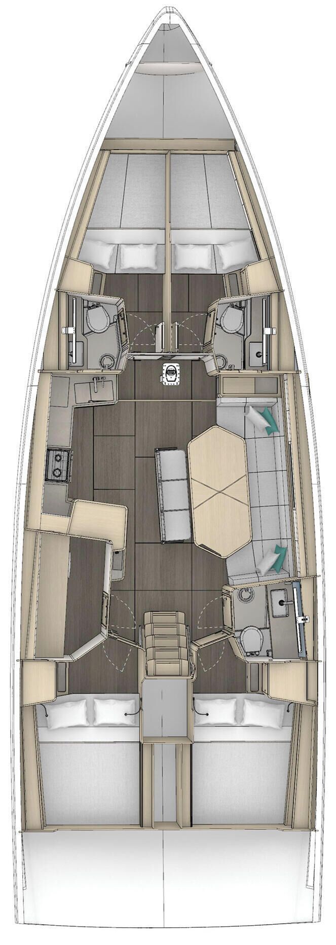 A boat interior with a dining area, kitchen, and two sleeping areas.