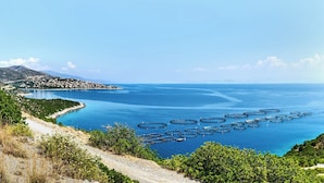 Un paisaje costero con vista despejada al mar, una carretera y un pueblo lejano.