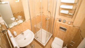 A bathroom with a glass shower enclosure, a sink, a toilet, and a mirror.