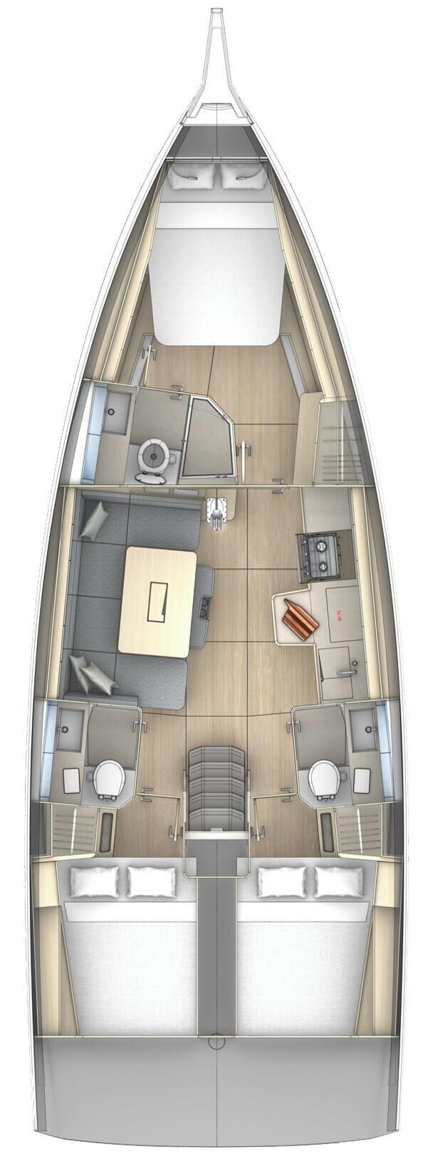 Interior de un barco con cocina, comedor, dos baños y una zona de estar central.
