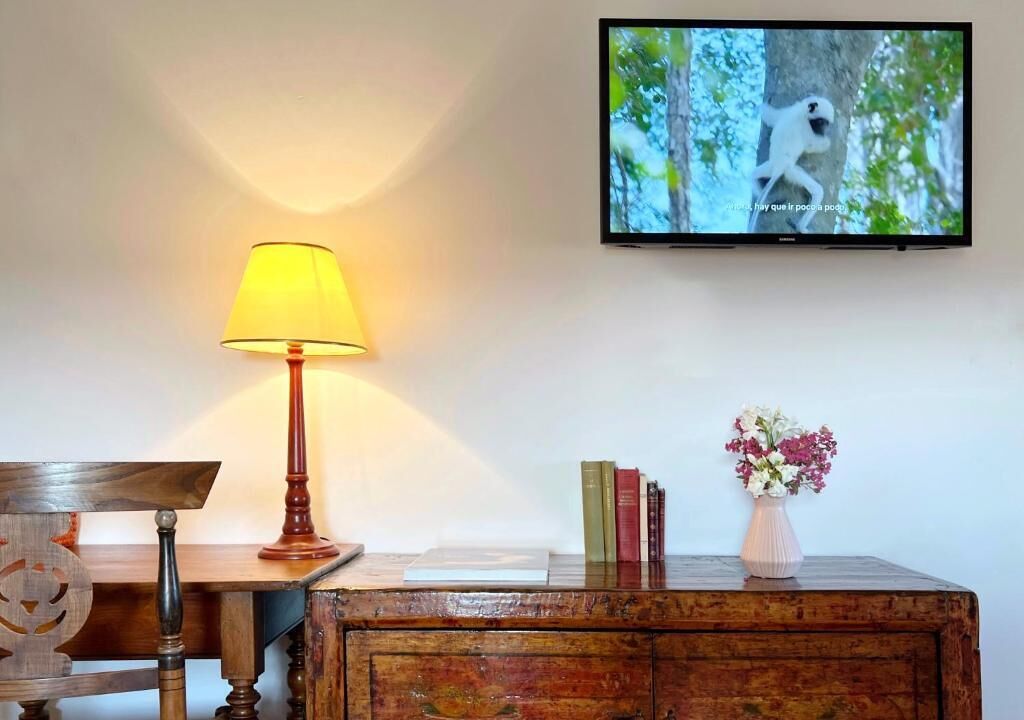 Een kamer met een aan de muur bevestigde televisie, een houten tafel met een lamp, boeken en een vaas met bloemen.