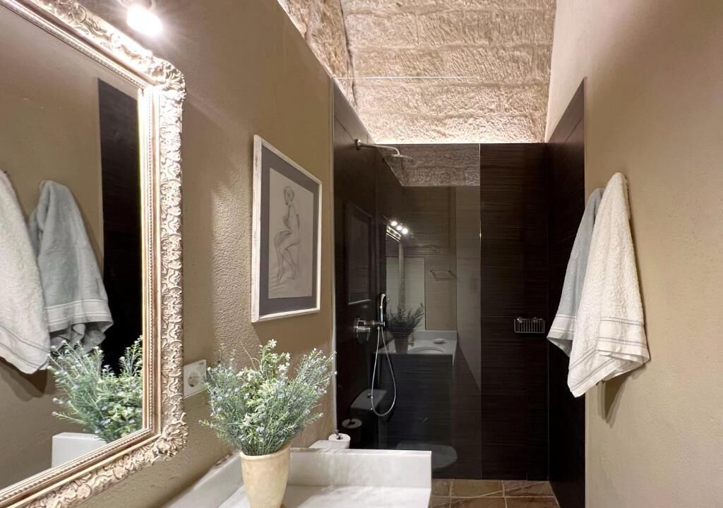 A bathroom with a large mirror, two potted plants, a shower, and towels on the wall.