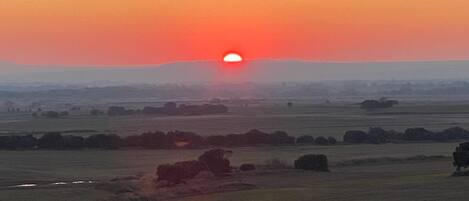 A sunset over a rural landscape with fields and scattered trees.