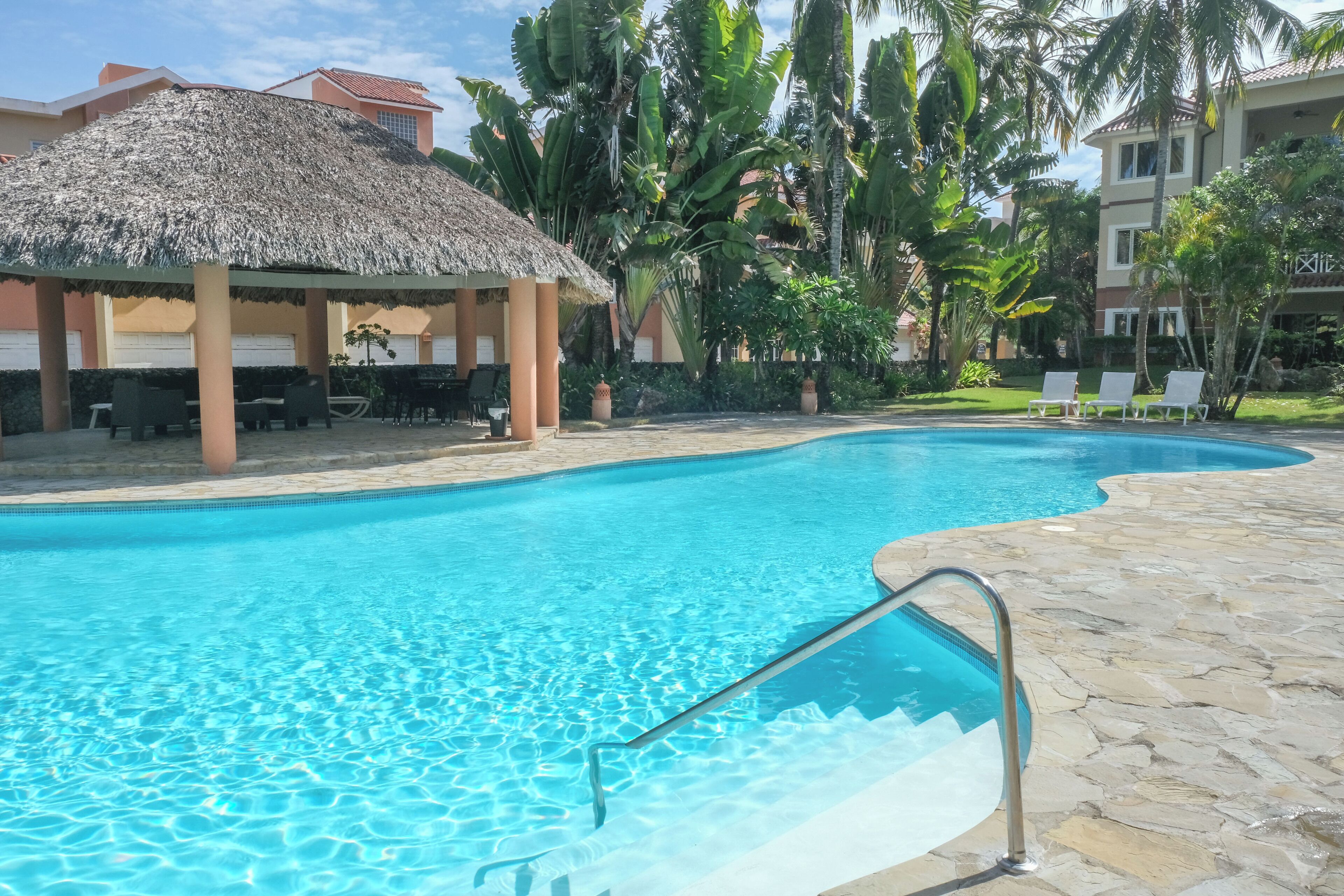 Une piscine entourée d’une terrasse en pierre, un abri à toit de chaume et des palmiers.
