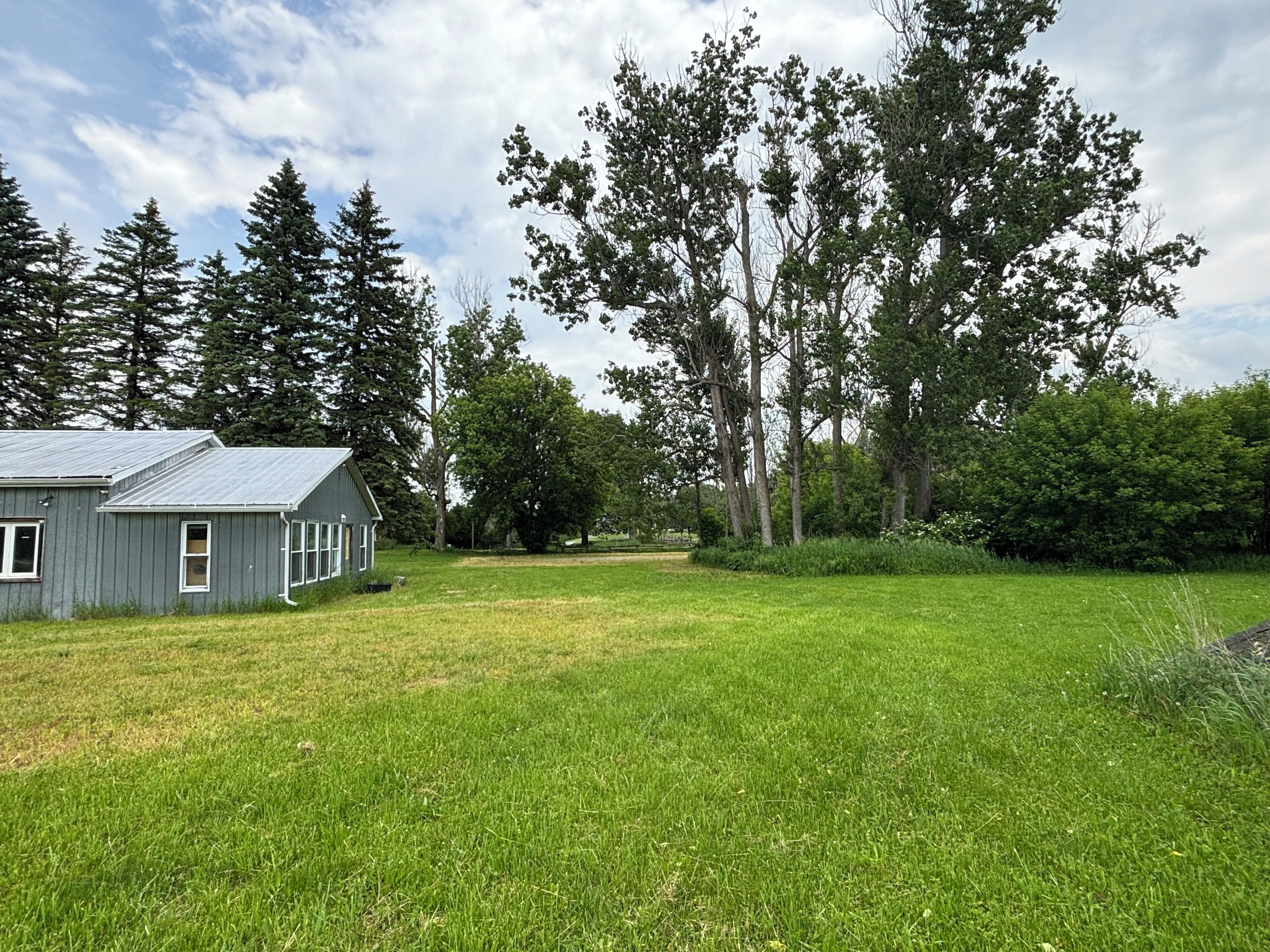 A house with a sloped roof, a grassy yard, and tall trees in the background.