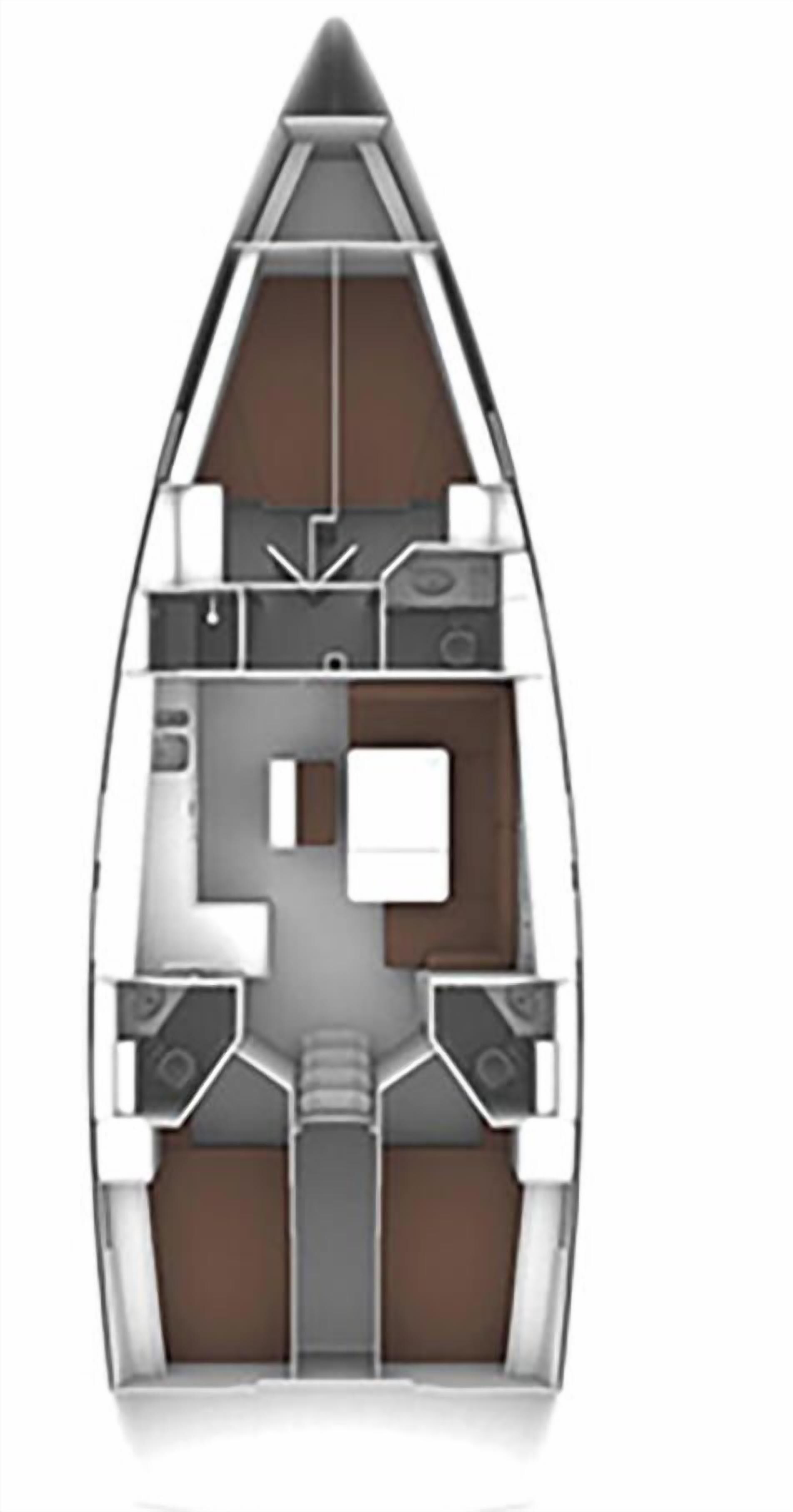 A boat interior with a central seating area, two side cabins, and a kitchen area.