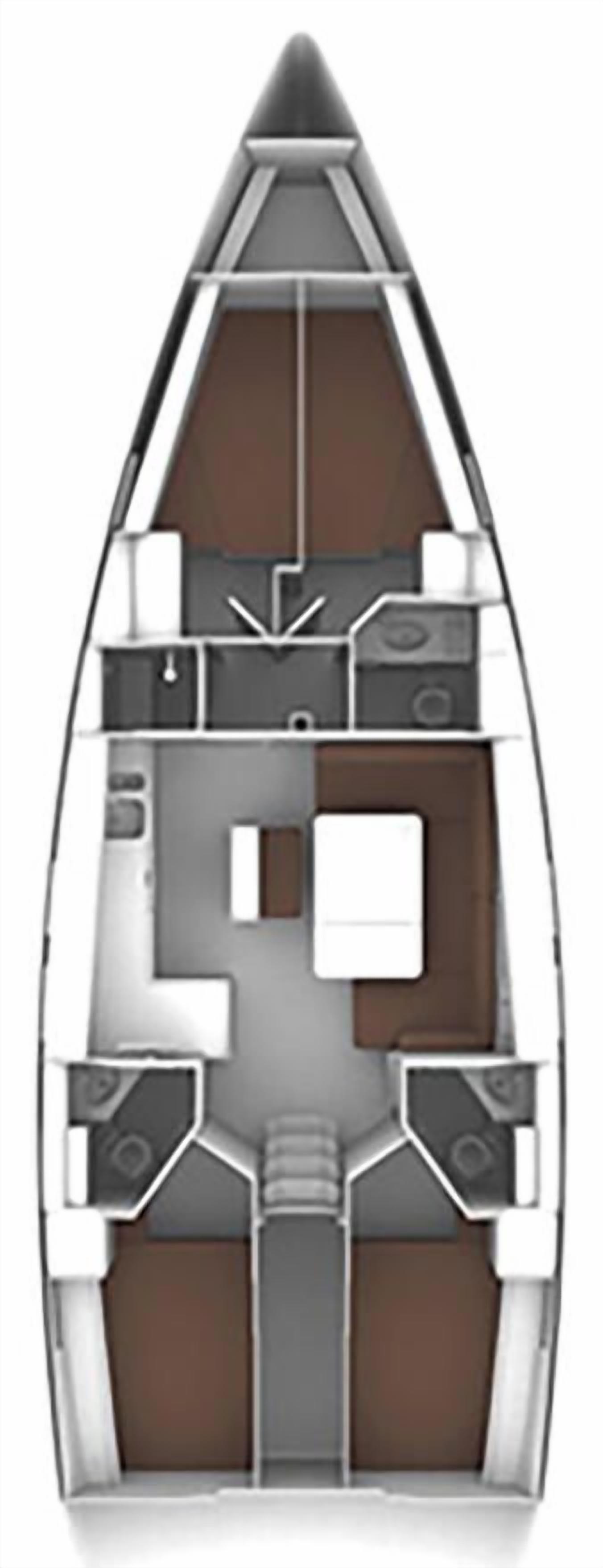 A boat interior with a central seating area, two side cabins, and a kitchen area.