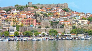 Une ville côtière aux bâtiments aux couleurs vives, un château historique perché sur une colline et un port de plaisance rempli de bateaux.