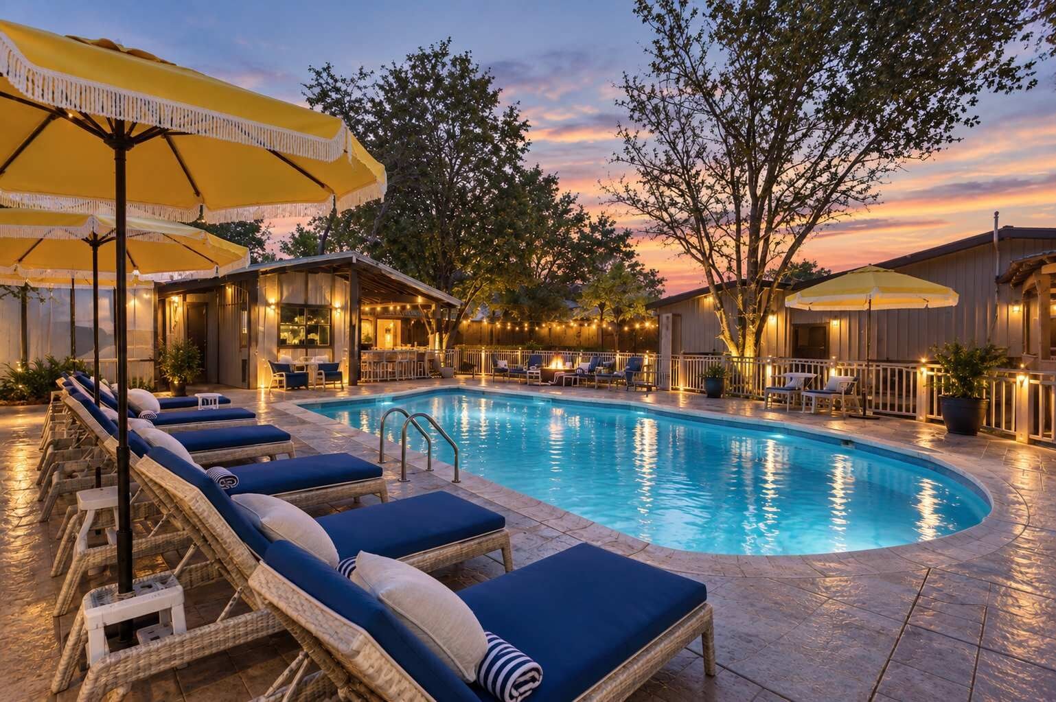 A swimming pool with lounge chairs and umbrellas, surrounded by trees and a bar area.