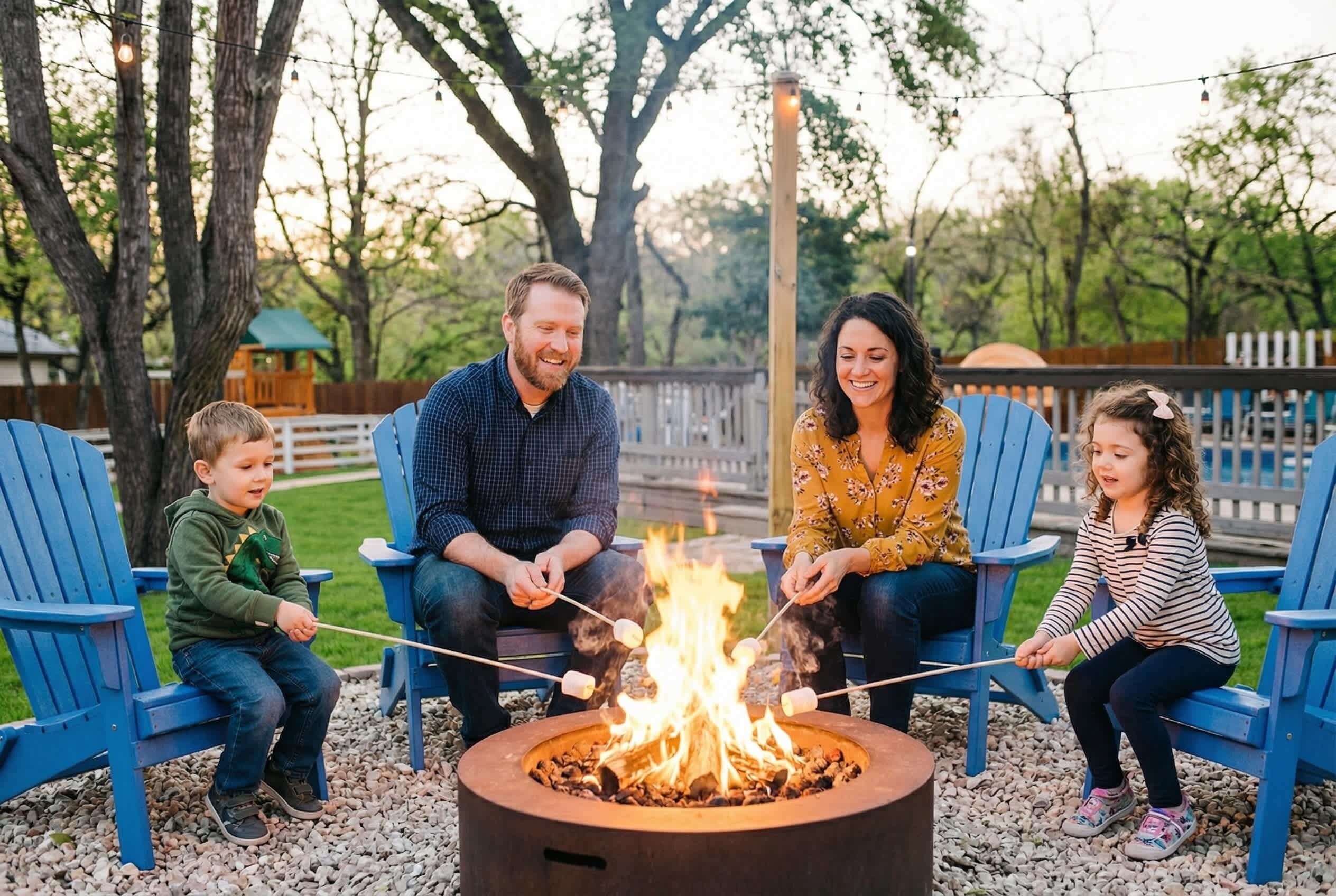 Een gezin van vier personen zit op blauwe Adirondack-stoelen rond een kampvuur.
