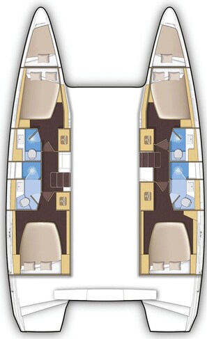 A boat interior with two cabins, a dining area, a kitchen, and a bathroom.