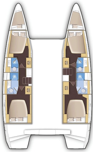 A boat interior with two cabins, a dining area, a kitchen, and a bathroom.