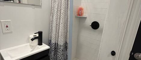 Hair dryer, towels, soap, toilet paper