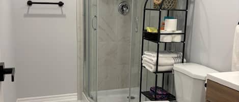 Dusche, Haartrockner, Handtücher, Seife