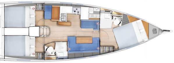 A boat interior with a dining area, a kitchen, a bathroom, and a seating area. - Sun-Kissed Sailing Adventure in Islas Sarónicas (Alimos)