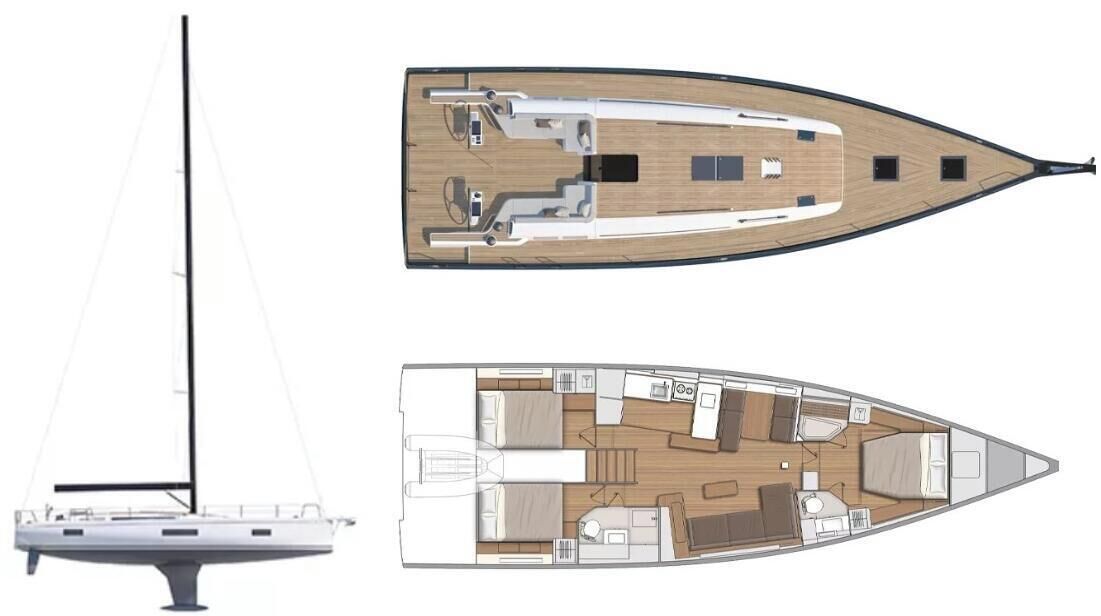 A sailboat with a cabin layout including a kitchen, dining area, and sleeping quarters.
