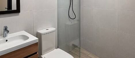 Shower, towels, soap, toilet paper