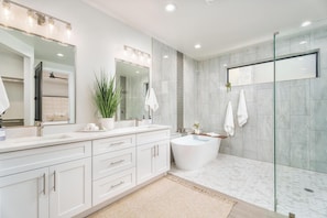 Hair dryer, towels, soap, toilet paper