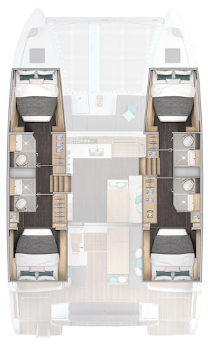 Ein Campervan-Innenraum mit zwei separaten Schlafbereichen, einer Küchenzeile und einem Badezimmer.