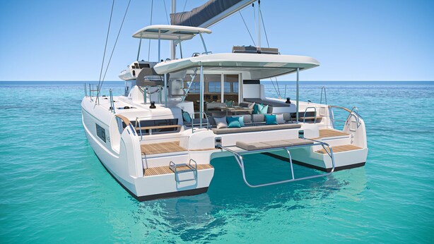 A white catamaran with a covered seating area, a dining table, and a view of the ocean. - Sun-Kissed Sailing Adventure in the Sporades Islands from Volos, Thessaly (Volos)