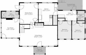Ein Grundriss mit Wintergarten, Esszimmer, Küche, Wohnzimmer, zwei Schlafzimmern, einer überdachten Terrasse, Eingangsbereich und zwei Bädern.
