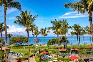 Ein Resort mit Palmen, einem Pool und Blick auf den Ozean.