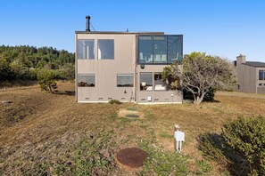 Een modern huis met twee verdiepingen, grote ramen, een schoorsteen en een gazon.