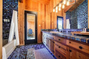 Shower, hair dryer, towels - Ocean View Home with Lofty Ceilings, Fireplace & Courtyard - Steps to Bluff Trail (Sea Ranch)