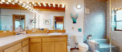 Shower, hair dryer, towels