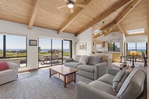 TV, fireplace, DVD player, stereo - Ocean-view home with private hot tub, EV charger & fireplace (Sea Ranch)