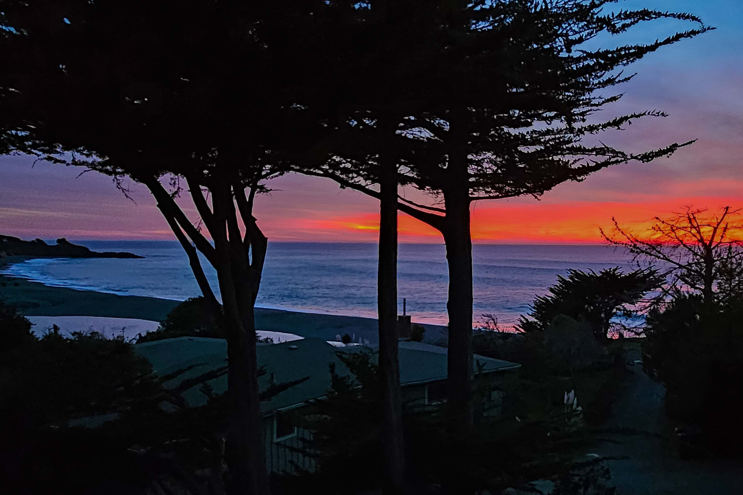 Paisagem costeira com árvores em primeiro plano e um pôr do sol sobre o oceano.