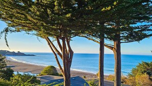 A coastal view with a beach, ocean, and trees. - Updated home with ocean views, private hot tub, fire table, outdoor kitchen (Gualala)