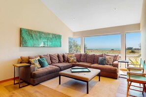 TV, fireplace, DVD player, offices - Modern, Ocean View Home on the Golf Course with Private Hot Tub & 2 Fireplaces (Sea Ranch)