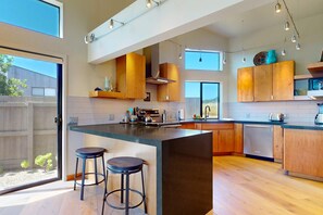 Fridge, microwave, oven, stovetop - Modern, Ocean View Home on the Golf Course with Private Hot Tub & 2 Fireplaces (Sea Ranch)