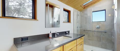 Shower, hair dryer, towels
