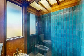 Shower, hair dryer, towels - Forested home with private hot tub near Black Point (Sea Ranch)