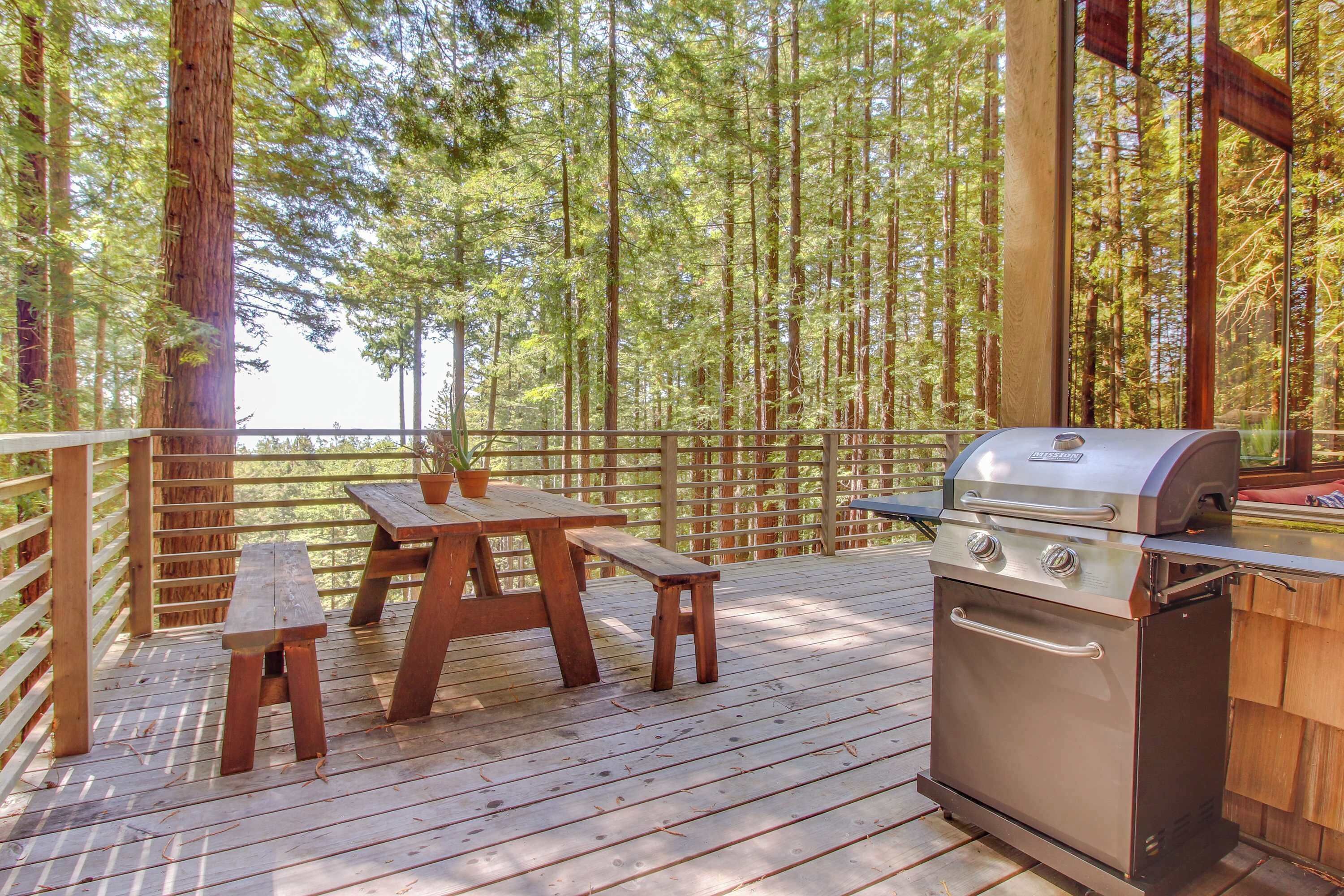 An outdoor deck with a grill, picnic table, and benches.