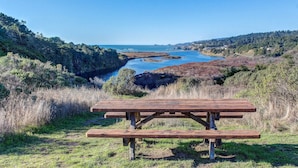A picnic table in a natural setting with a view of a coastal landscape. - Sea Ranch 2BR ocean-view home near the golf course & Bluff Trail (Sea Ranch)