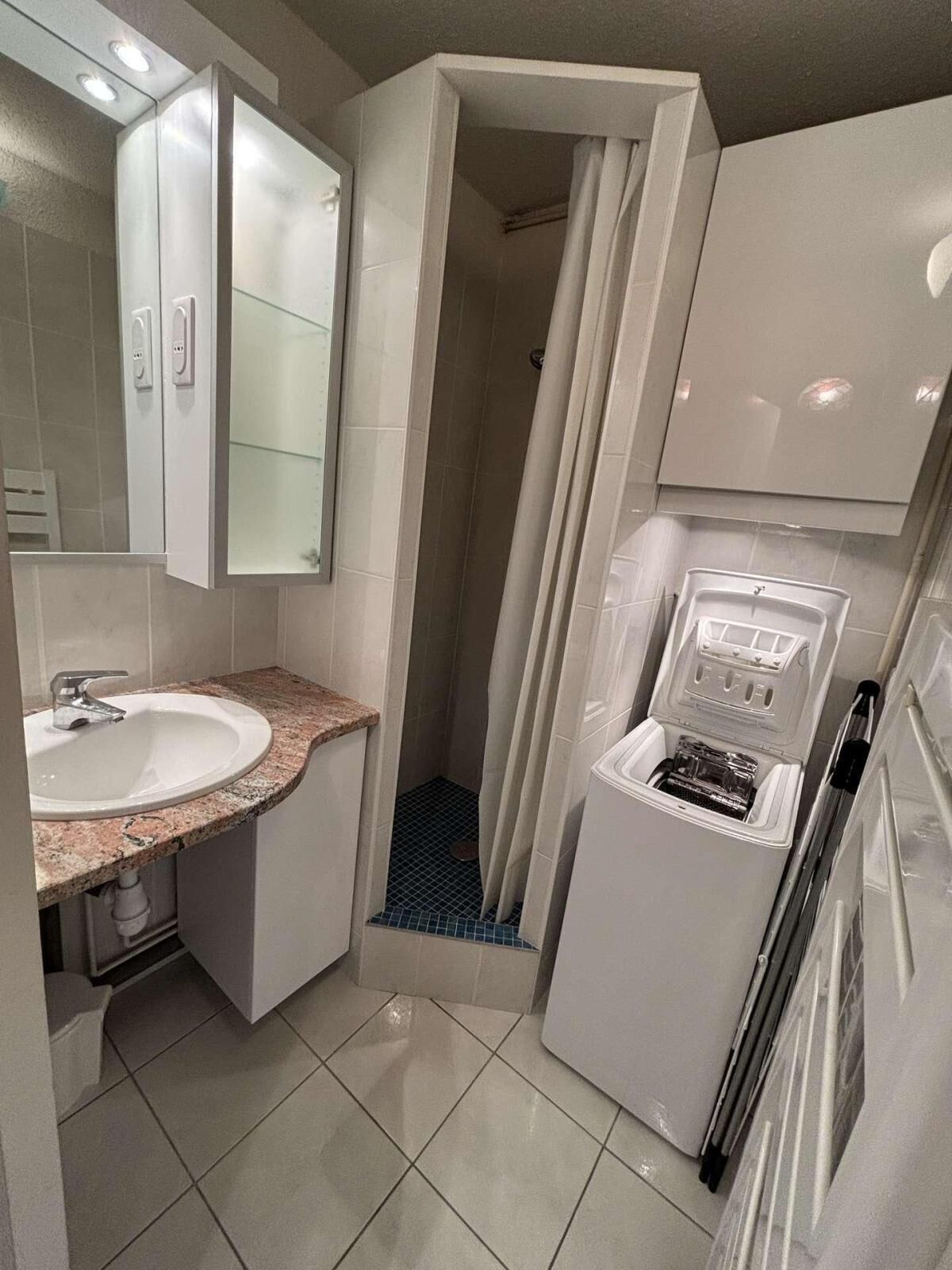 Un baño con lavabo, espejo, ducha e inodoro integrado.