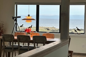 A dining area with a view of the ocean, a tripod, and birds on the windowsill. - Sea Ranch 4BR Del Mar ocean-view home with hot tub — 2023 build (Sea Ranch)
