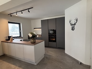 A modern kitchen with a central island, built-in appliances, and a decorative deer head on the wall. - Luxury villa - base for outdoor adventure in summer and winter! (Gundersheim)