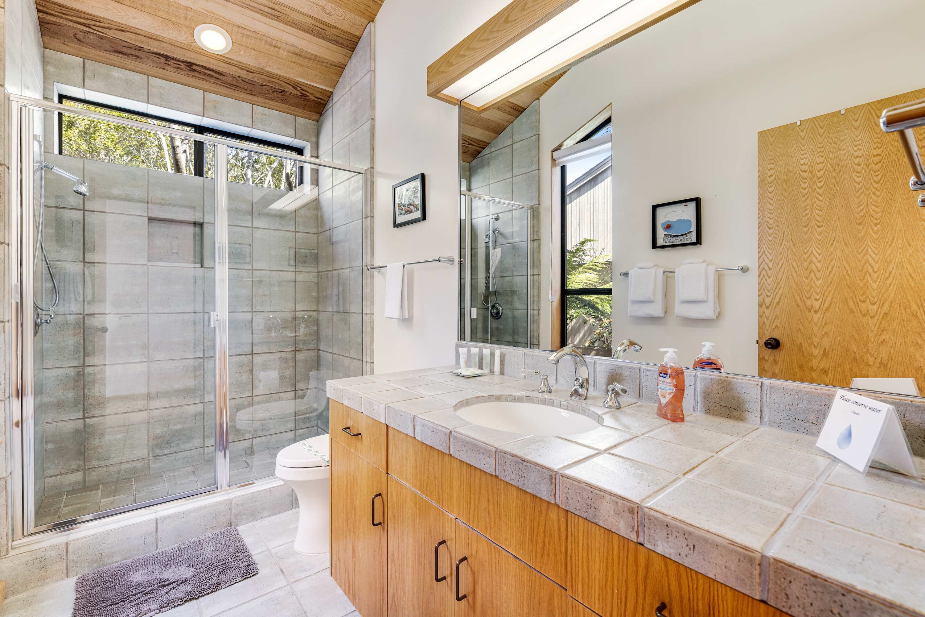 Un baño moderno con cabina de ducha de vidrio, un lavabo grande y un armario de madera.