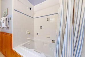 Shower, hair dryer, towels - Ocean view home with fireplace, deck, private hot tub & grill (Sea Ranch)