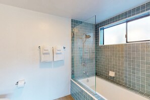 Shower, towels - Ocean-view meadow home with private hot tub, dogs welcome (Sea Ranch)